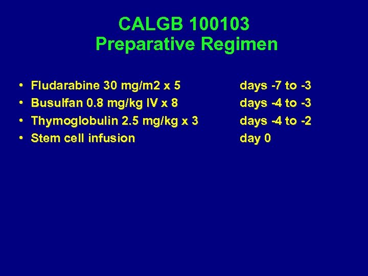 CALGB 100103 Preparative Regimen • • Fludarabine 30 mg/m 2 x 5 Busulfan 0.