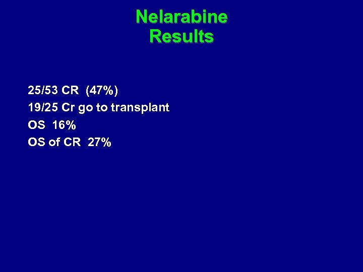 Nelarabine Results 25/53 CR (47%) 19/25 Cr go to transplant OS 16% OS of