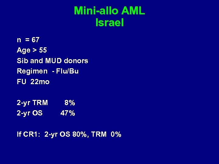 Mini-allo AML Israel n = 67 Age > 55 Sib and MUD donors Regimen