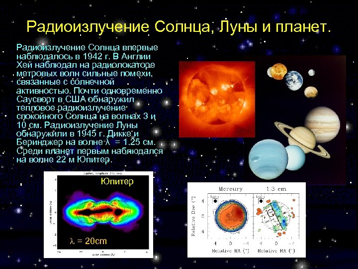 Радиоизлучение Солнца, Луны и планет. Радиоизлучение Солнца впервые наблюдалось в 1942 г. В Англии