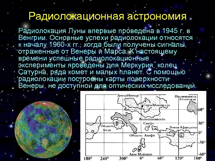 Радиолокационная астрономия Радиолокация Луны впервые проведена в 1945 г. в Венгрии. Основные успехи радиолокации