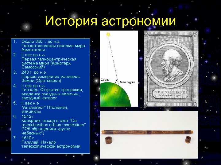 История астрономии 1. Около 360 г. до н. э. Геоцентрическая система мира Аристотеля 2.