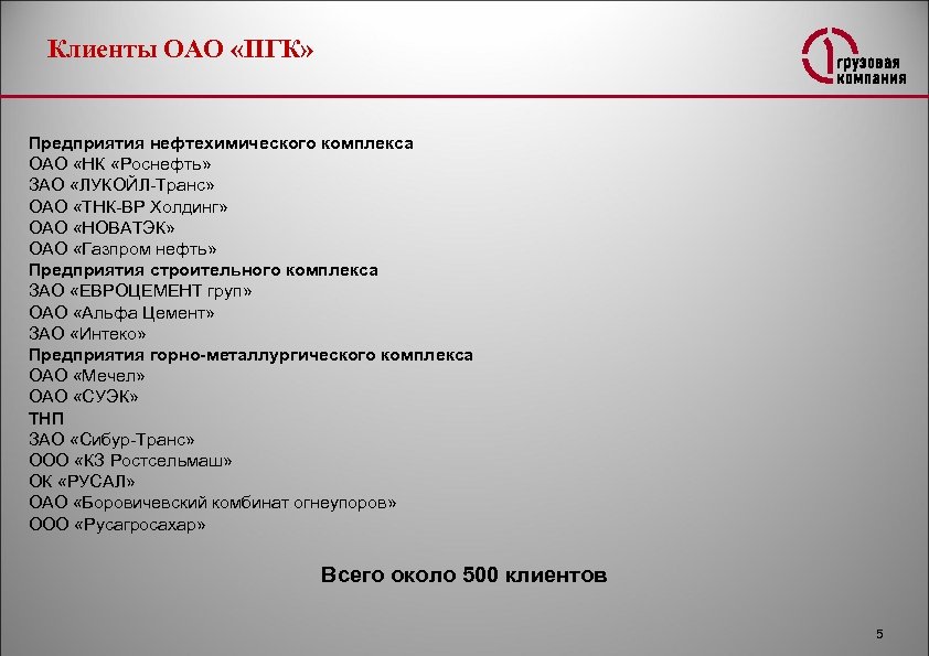 Клиенты ОАО «ПГК» Предприятия нефтехимического комплекса ОАО «НК «Роснефть» ЗАО «ЛУКОЙЛ-Транс» ОАО «ТНК-ВР Холдинг»