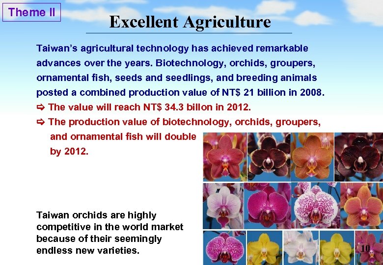 Theme II Excellent Agriculture Taiwan’s agricultural technology has achieved remarkable advances over the years.