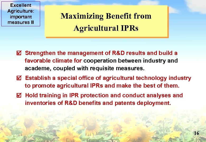 Excellent Agriculture: important measures II Maximizing Benefit from Agricultural IPRs Strengthen the management of