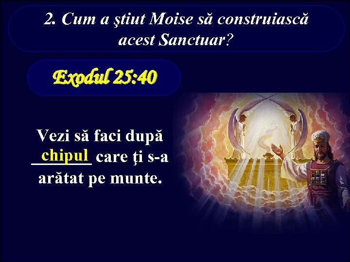 2. Cum a ştiut Moise să construiască acest Sanctuar? Exodul 25: 40 Vezi să