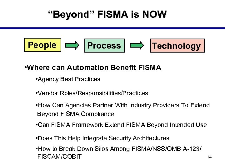 “Beyond” FISMA is NOW People Process Technology • Where can Automation Benefit FISMA •