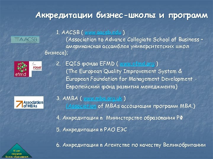 Аккредитации бизнес-школы и программ 1. AACSB ( www. aacsb. edu ) (Association to Advance