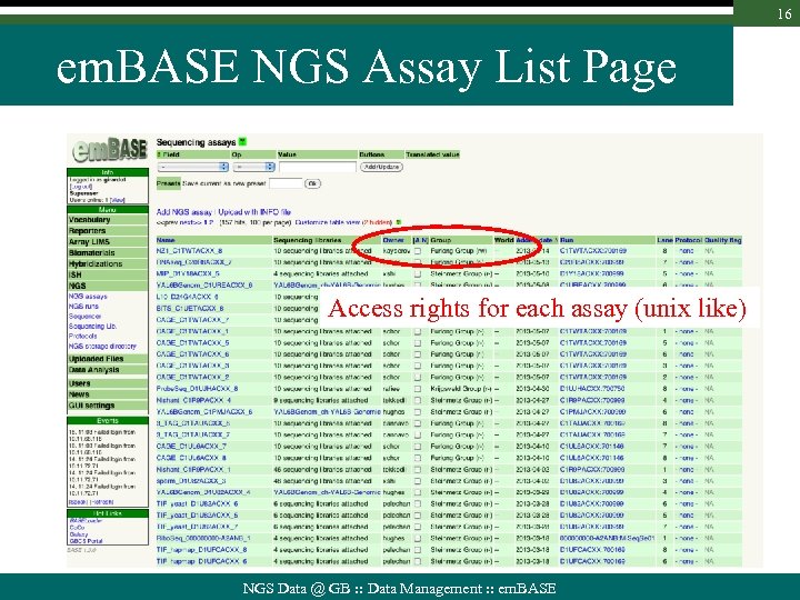 16 em. BASE NGS Assay List Page Access rights for each assay (unix like)