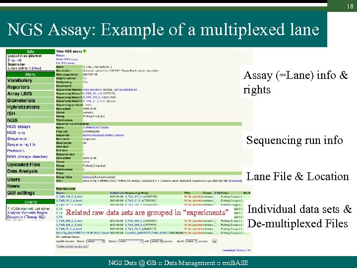 18 NGS Assay: Example of a multiplexed lane Assay (=Lane) info & rights Sequencing