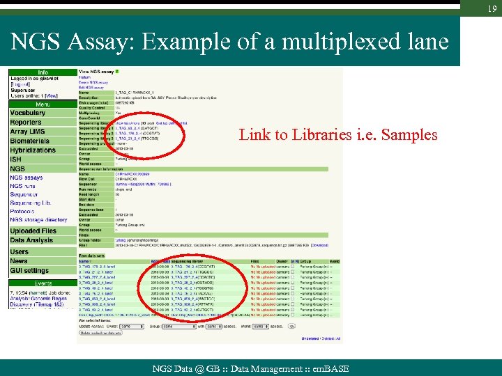 19 NGS Assay: Example of a multiplexed lane Link to Libraries i. e. Samples