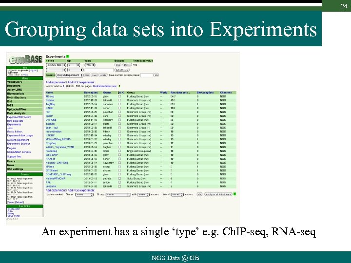 24 Grouping data sets into Experiments An experiment has a single ‘type’ e. g.