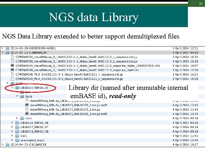 31 NGS data Library NGS Data Library extended to better support demultiplexed files Library