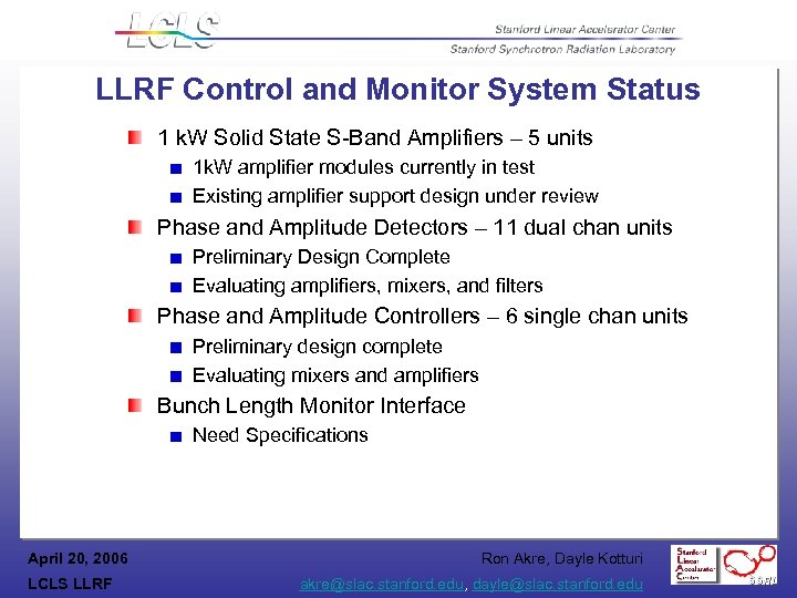 LLRF Control and Monitor System Status 1 k. W Solid State S-Band Amplifiers –