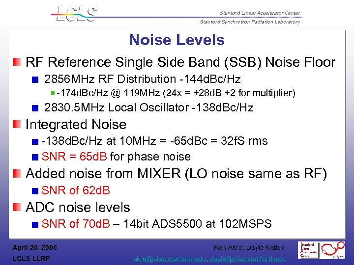 Noise Levels RF Reference Single Side Band (SSB) Noise Floor 2856 MHz RF Distribution