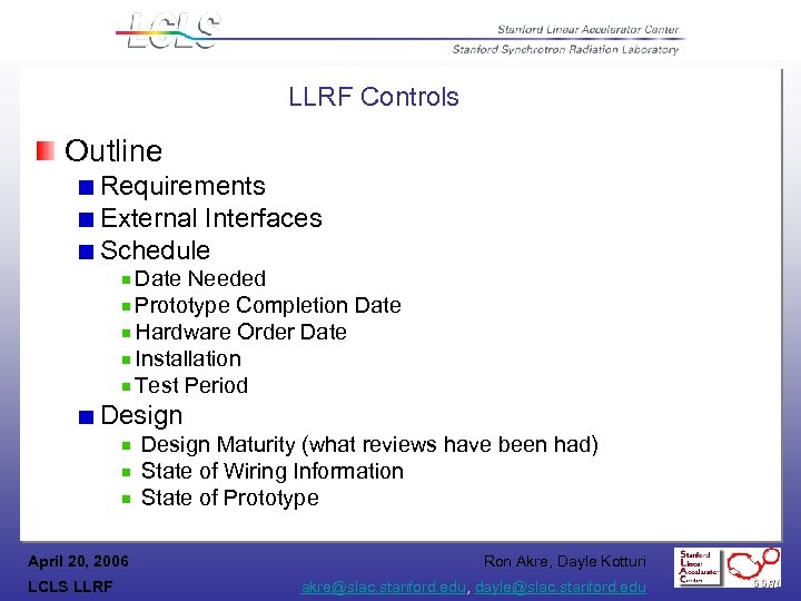 LLRF Controls Outline Requirements External Interfaces Schedule Date Needed Prototype Completion Date Hardware Order