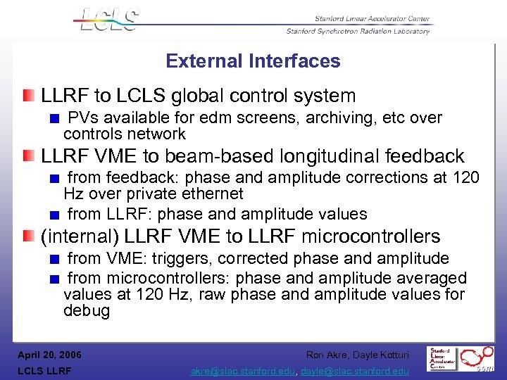External Interfaces LLRF to LCLS global control system PVs available for edm screens, archiving,