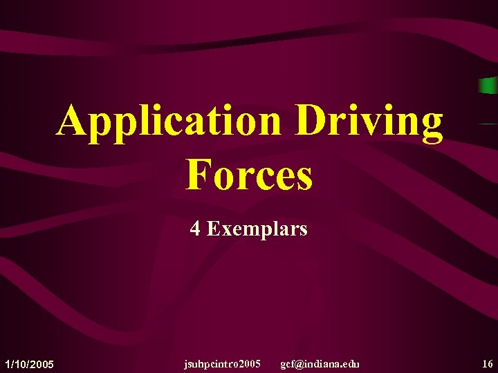 Application Driving Forces 4 Exemplars 1/10/2005 jsuhpcintro 2005 gcf@indiana. edu 16 