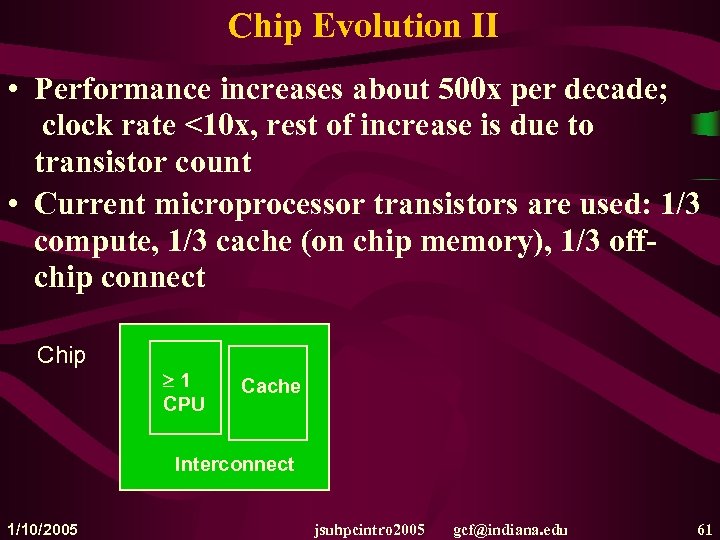 Chip Evolution II • Performance increases about 500 x per decade; clock rate <10