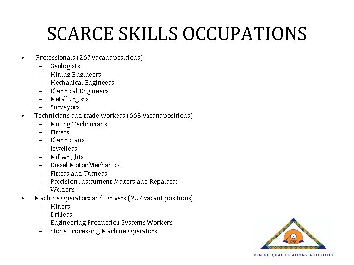 SCARCE SKILLS OCCUPATIONS • • • Professionals (267 vacant positions) – Geologists – Mining