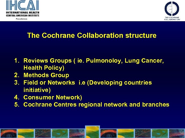 The Cochrane Collaboration structure 1. Reviews Groups ( ie. Pulmonoloy, Lung Cancer, Health Policy)