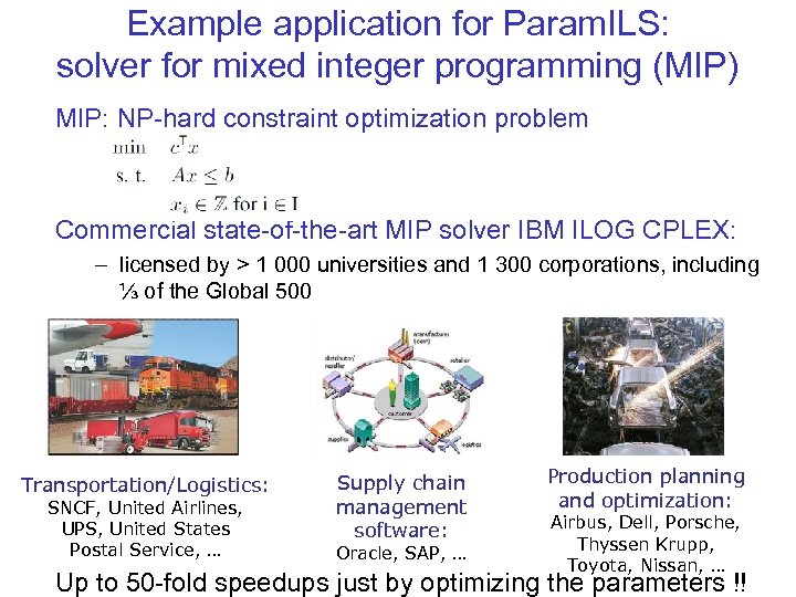 Example application for Param. ILS: solver for mixed integer programming (MIP) MIP: NP-hard constraint