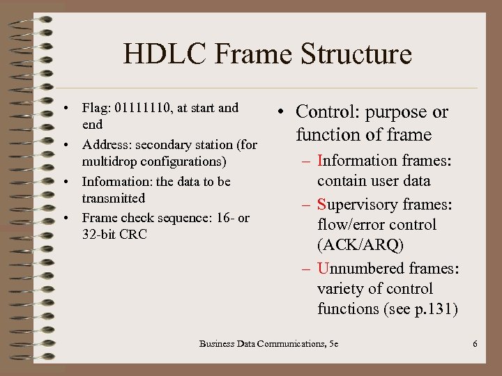 HDLC Frame Structure • Flag: 01111110, at start and end • Address: secondary station