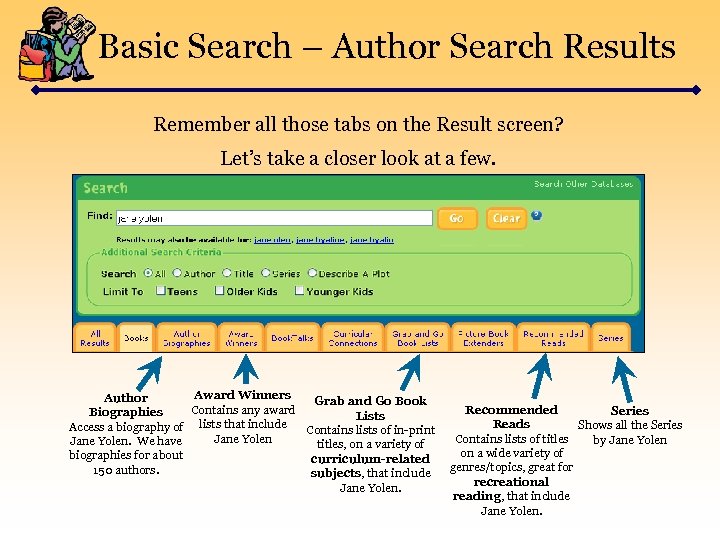 Basic Search – Author Search Results Remember all those tabs on the Result screen?