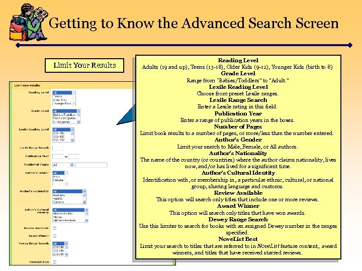 Getting to Know the Advanced Search Screen Limit Your Results Reading Level Adults (19