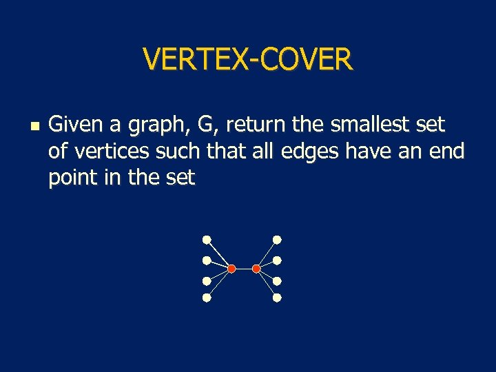 VERTEX-COVER n Given a graph, G, return the smallest set of vertices such that