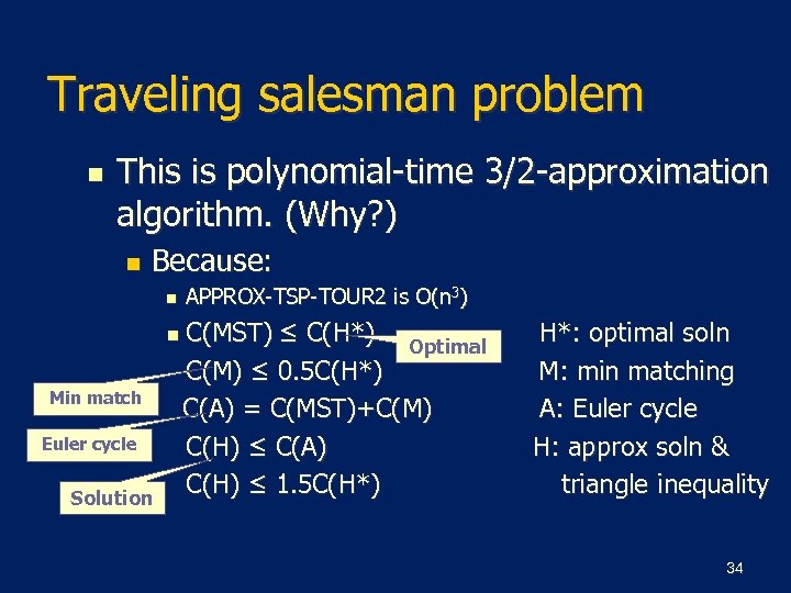 Traveling salesman problem n This is polynomial-time 3/2 -approximation algorithm. (Why? ) n Because: