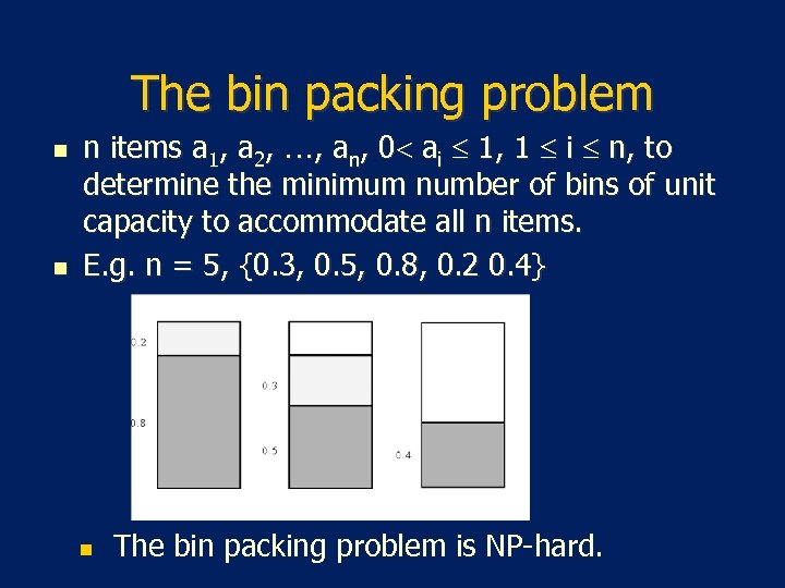 The bin packing problem n n n items a 1, a 2, …, an,