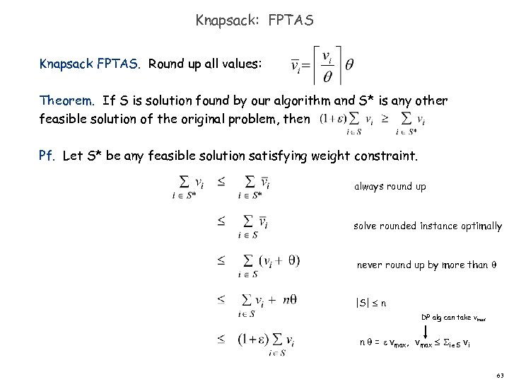 Knapsack: FPTAS Knapsack FPTAS. Round up all values: Theorem. If S is solution found