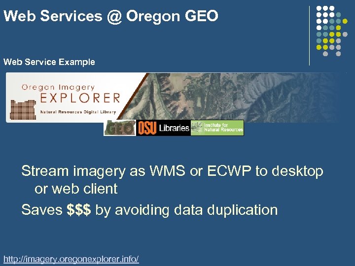 Web Services @ Oregon GEO Web Service Example Stream imagery as WMS or ECWP