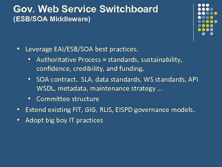 Gov. Web Service Switchboard (ESB/SOA Middleware) • Leverage EAI/ESB/SOA best practices. • Authoritative Process