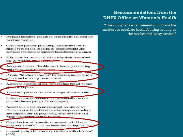 Recommendations from the DHHS Office on Women’s Health “The workplace environment should enable mothers