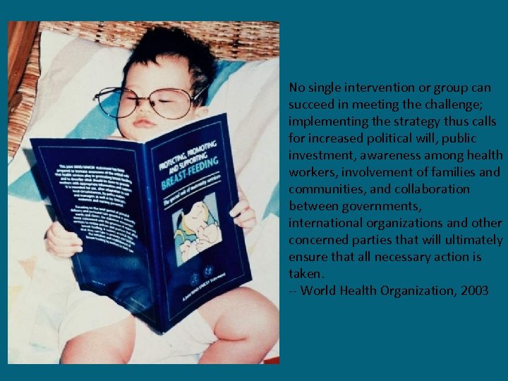 No single intervention or group can succeed in meeting the challenge; implementing the strategy