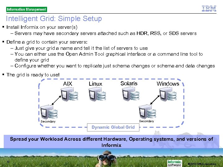 Intelligent Grid: Simple Setup Install Informix on your server(s) – Servers may have secondary