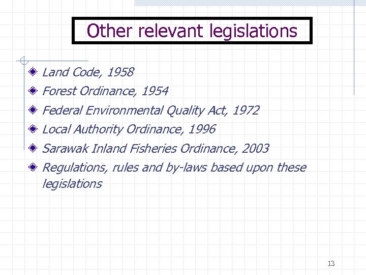 Other relevant legislations Land Code, 1958 Forest Ordinance, 1954 Federal Environmental Quality Act, 1972