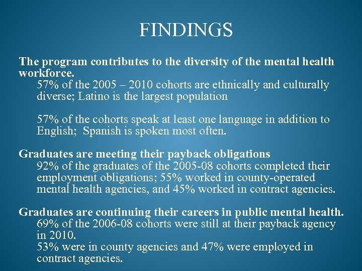 FINDINGS The program contributes to the diversity of the mental health workforce. 57% of