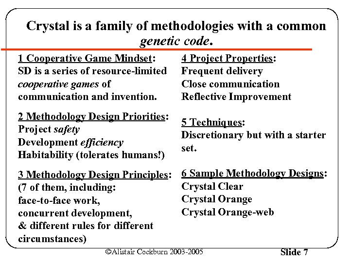 Crystal is a family of methodologies with a common genetic code. 1 Cooperative Game