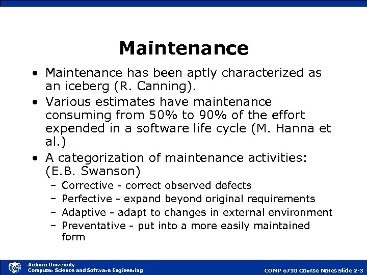 Maintenance • Maintenance has been aptly characterized as an iceberg (R. Canning). • Various