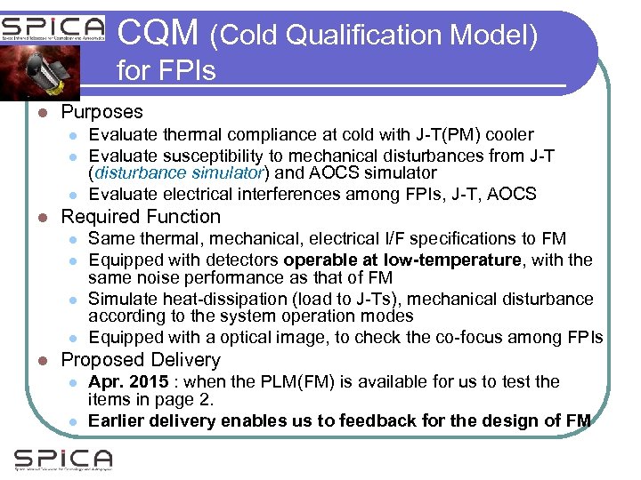 CQM (Cold Qualification Model) for FPIs l Purposes l l Required Function l l