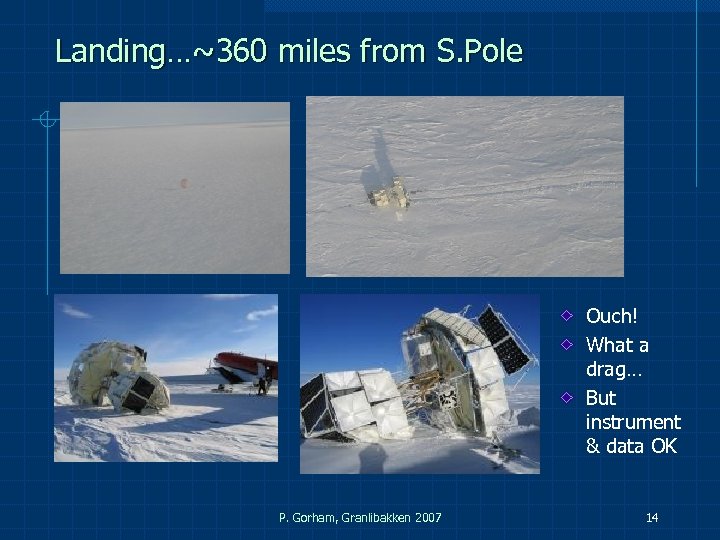 Landing…~360 miles from S. Pole Ouch! What a drag… But instrument & data OK
