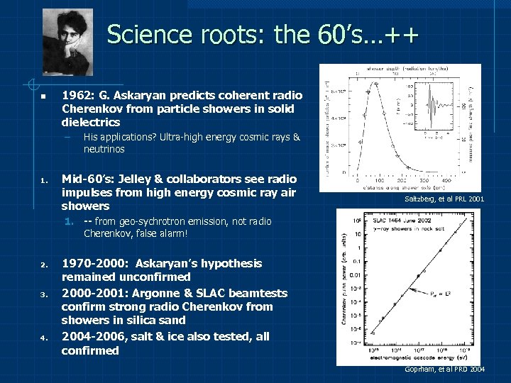 Science roots: the 60’s…++ n 1962: G. Askaryan predicts coherent radio Cherenkov from particle
