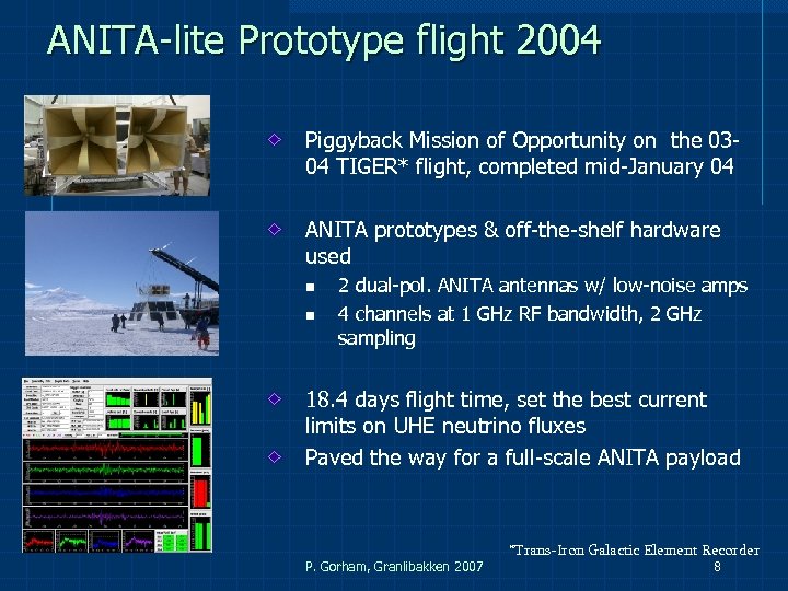 ANITA-lite Prototype flight 2004 Piggyback Mission of Opportunity on the 0304 TIGER* flight, completed