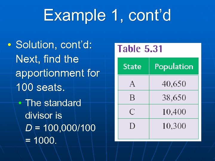 Example 1, cont’d • Solution, cont’d: Next, find the apportionment for 100 seats. •