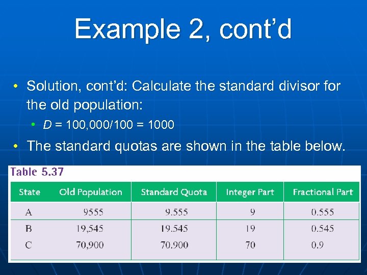 Example 2, cont’d • Solution, cont’d: Calculate the standard divisor for the old population: