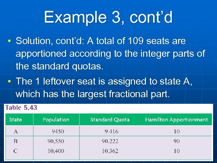 Example 3, cont’d • Solution, cont’d: A total of 109 seats are apportioned according