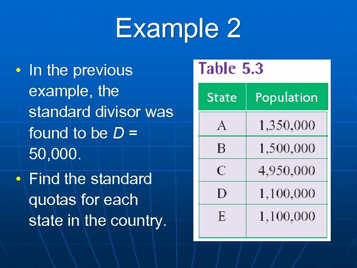 Example 2 • In the previous example, the standard divisor was found to be